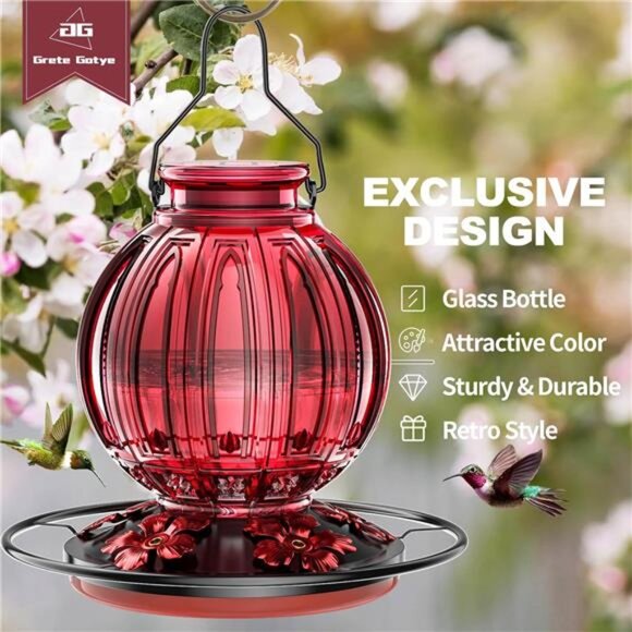 Glass Hummingbird Feeder for Outdoors Hanging,26Oz Bird Nectar Feeder with Perch - Picture 2 of 7